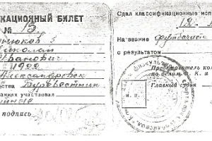 Классификационный билет футболиста 1 разряда, выданный 12 августа 1942 года в г. Александровске Николаю Нюнюкову. 